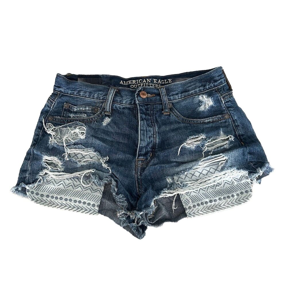 American Eagle Vintage Hi-Rise Festival Shorts Womens 4 Blue Distress Button Fly